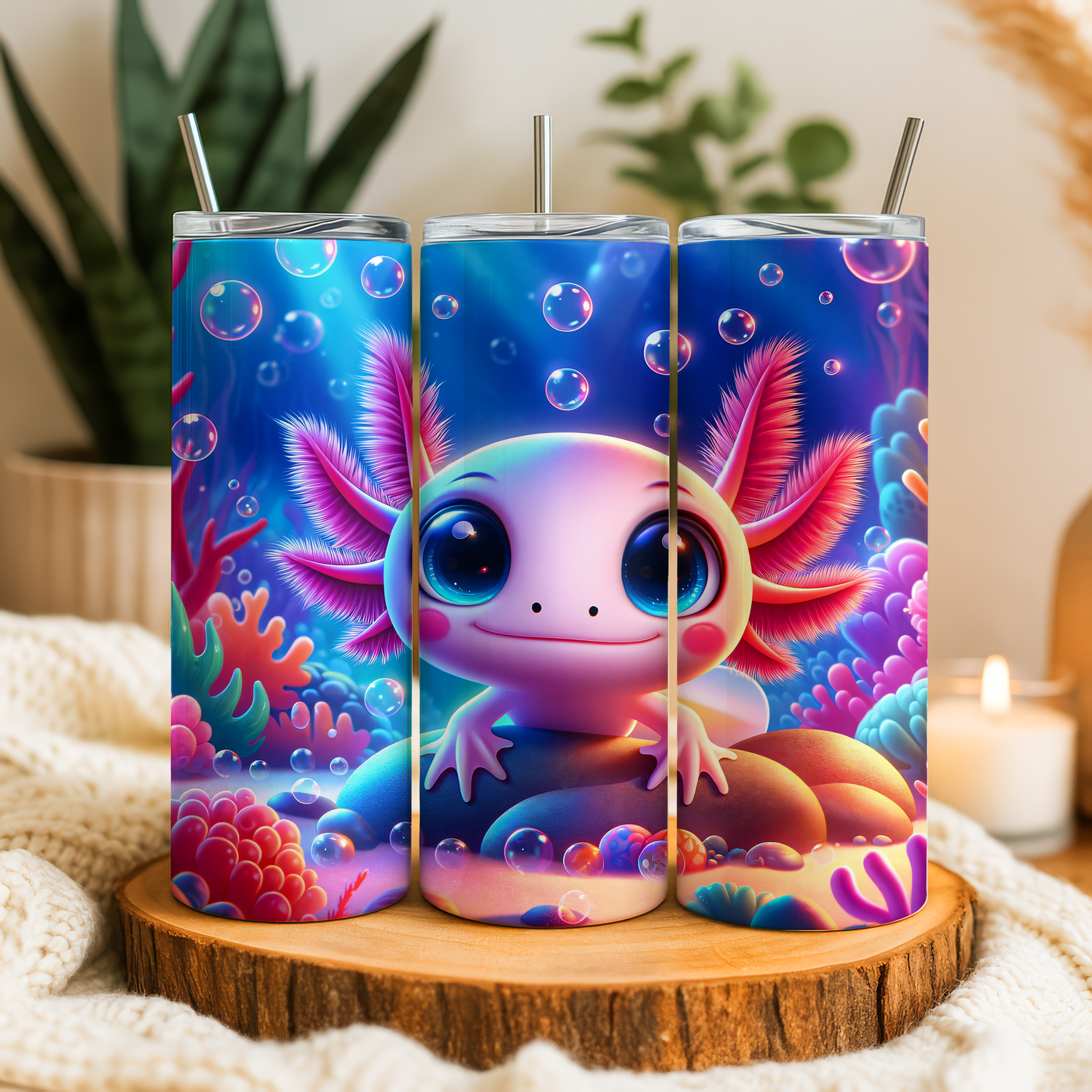 A triptych of colorful, whimsical illustrations featuring a cartoon-like amphibian character surrounded by bubbles, coral, and other marine life.