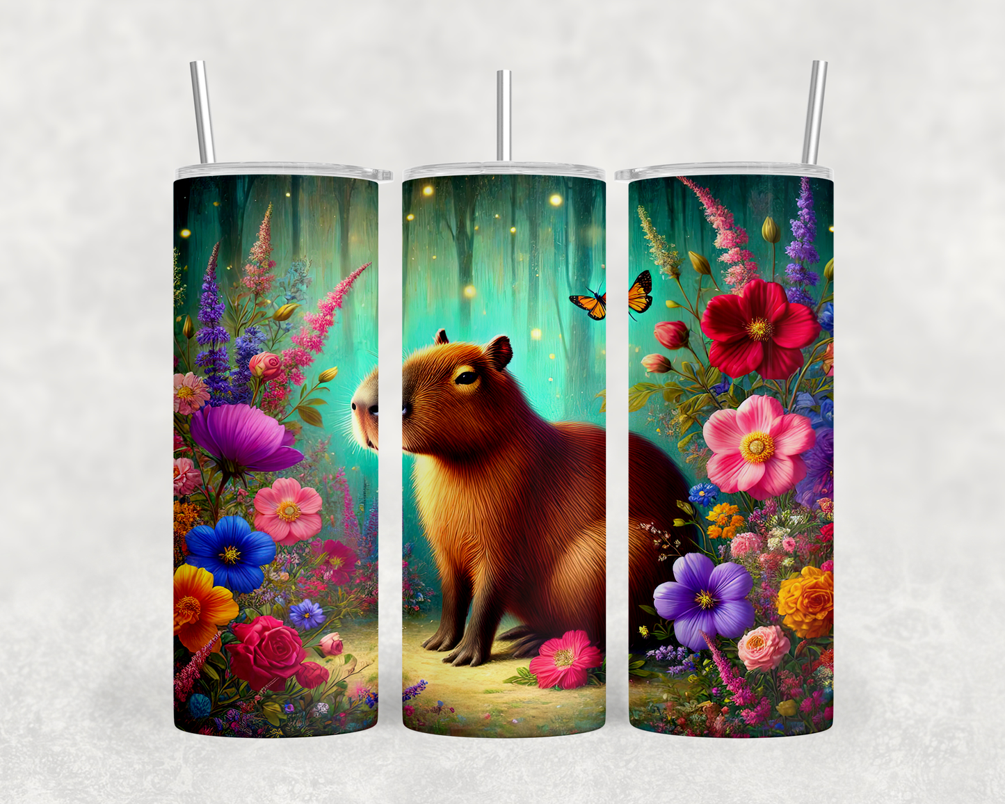 A triptych of colorful, whimsical illustrations featuring a capybara surrounded by vibrant flowers, butterflies, and a forest setting.