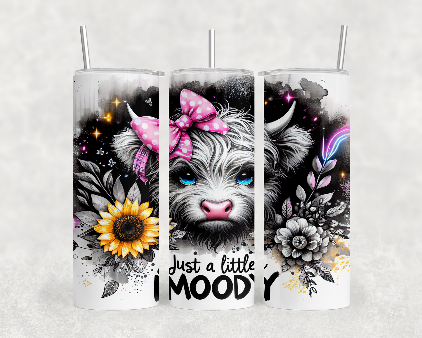 A triptych of white tumblers with a whimsical design featuring a cow's face with a pink bow, surrounded by flowers and stars.