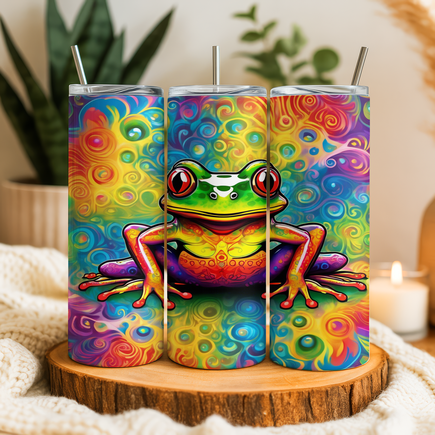 A colorful, vibrant frog design on three separate straw cups, each with a straw inserted.