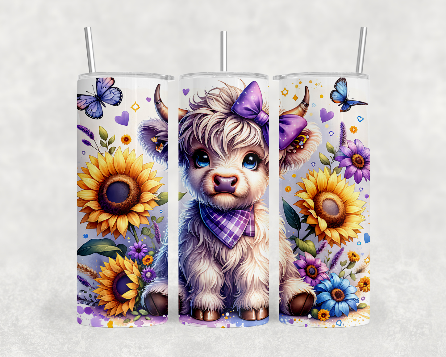 A 3D rendering of a cute, furry dog wearing a purple bow, surrounded by sunflowers, butterflies, and other colorful flowers.