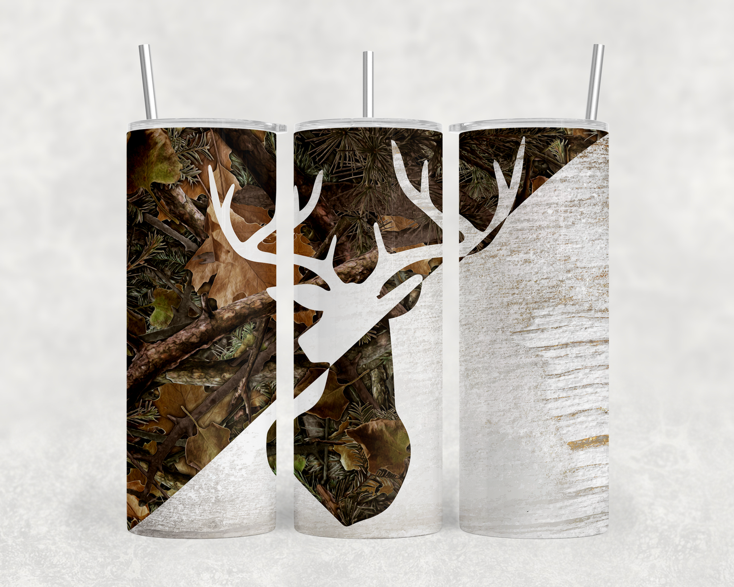 A collage of three images featuring a deer head silhouette against a background of leaves and branches.