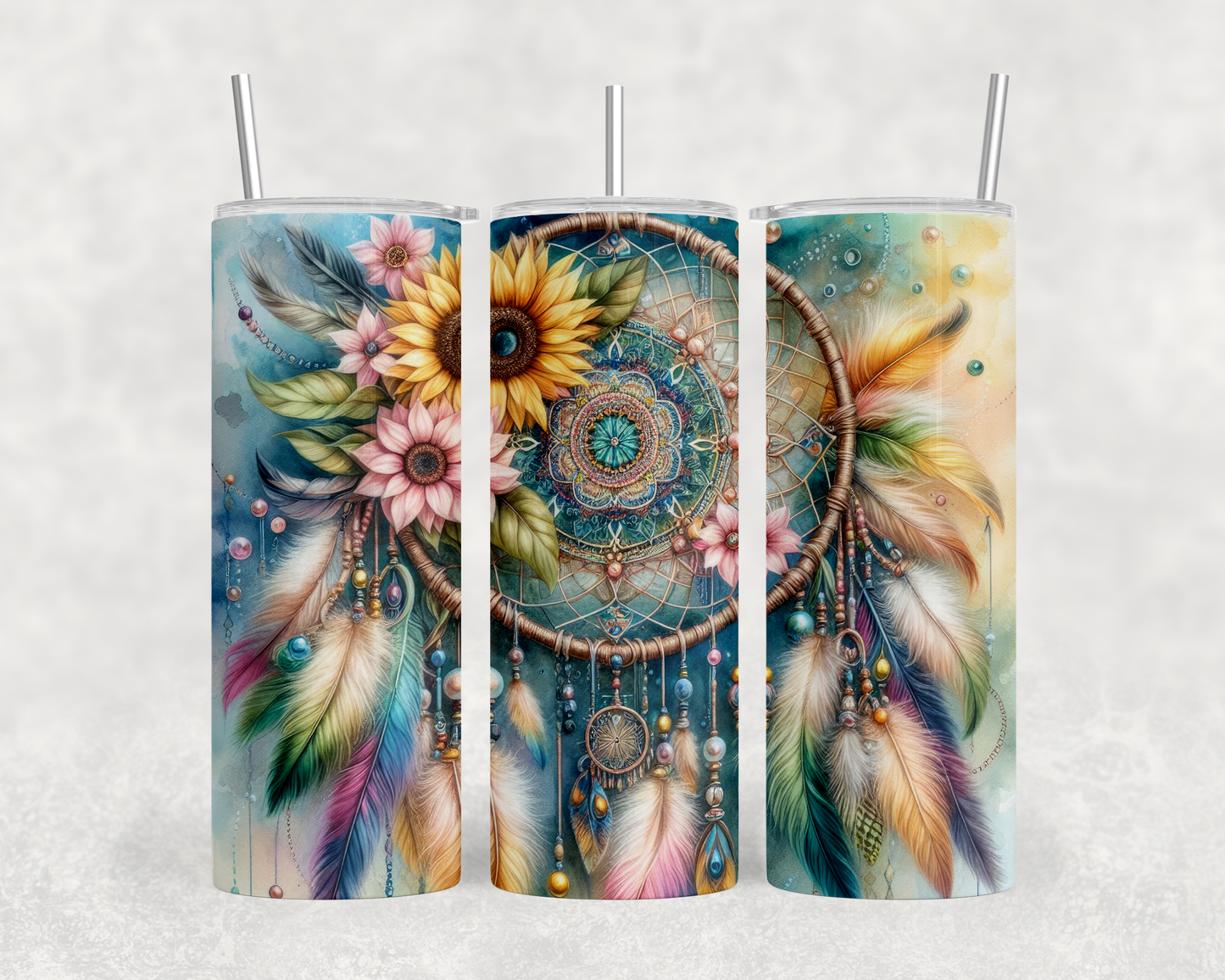 A triptych of colorful dreamcatchers with feathers and flowers, each with a straw protruding from the top.