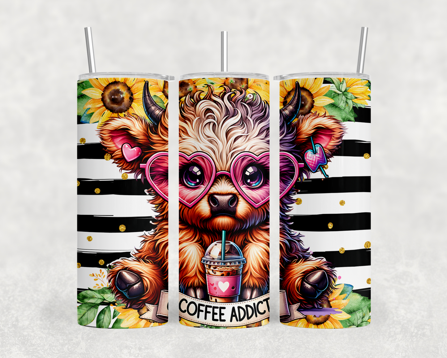 A colorful and whimsical design featuring a cartoon-like animal wearing sunglasses and holding a coffee cup, surrounded by sunflowers and other decorative elements.