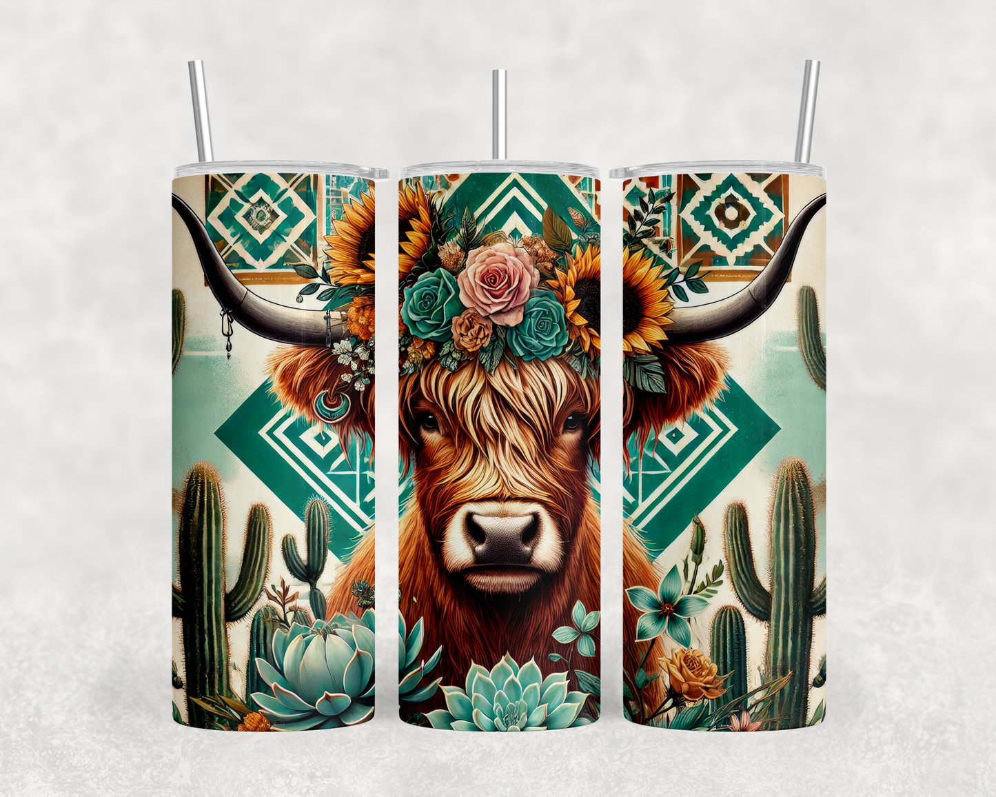 A 3D rendering of a tumbler with a cow's head design on it, featuring a floral crown and cacti.