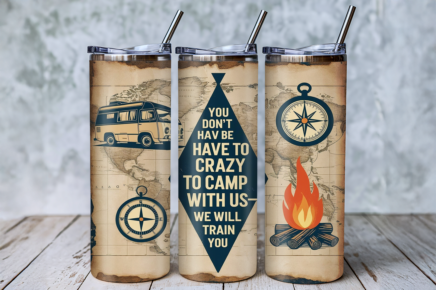 three beige-colored tumblers with various travel-themed designs and text printed on them.