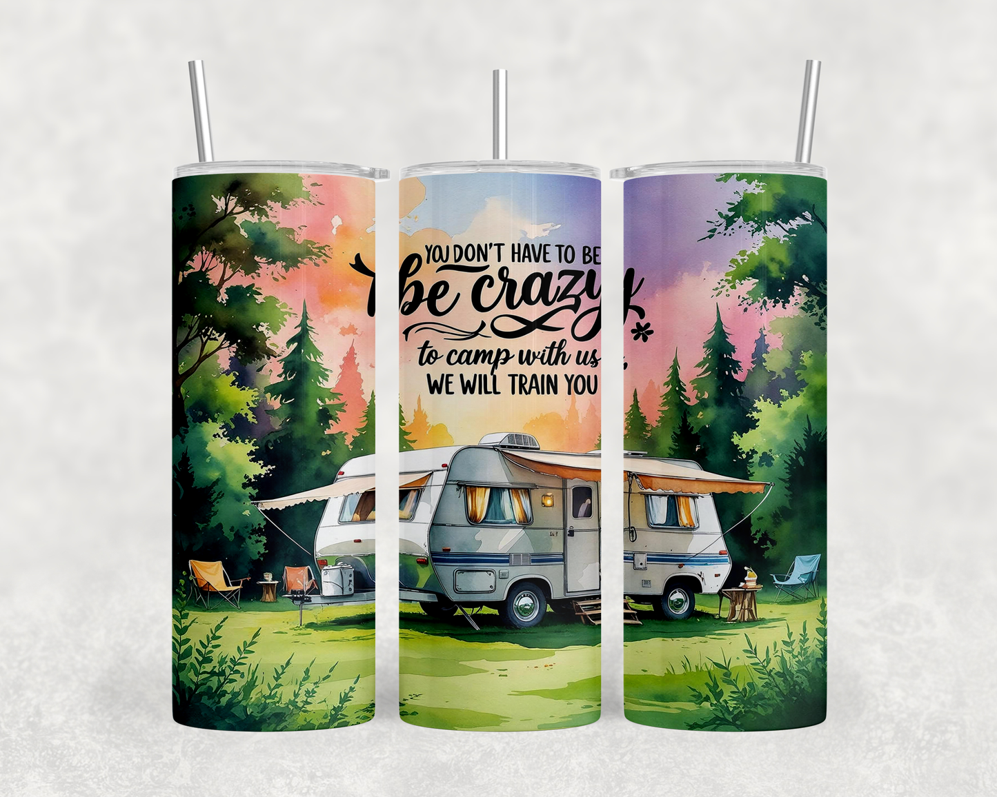 A triptych of a camping scene with a camper van, tent, and chairs set up in a forested area with a colorful sky in the background.