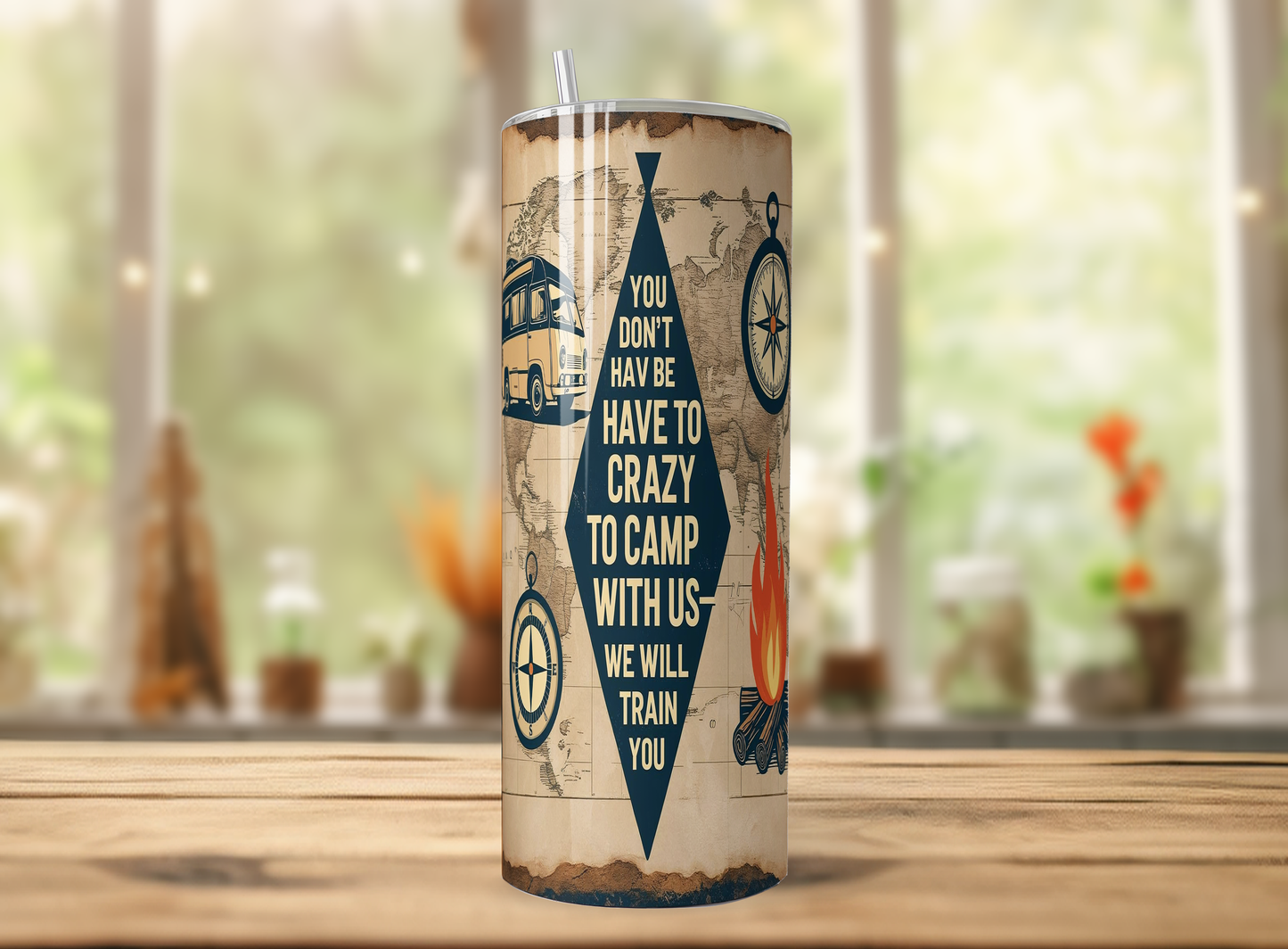 A cylindrical tumbler with a printed design on it, placed on a wooden surface.