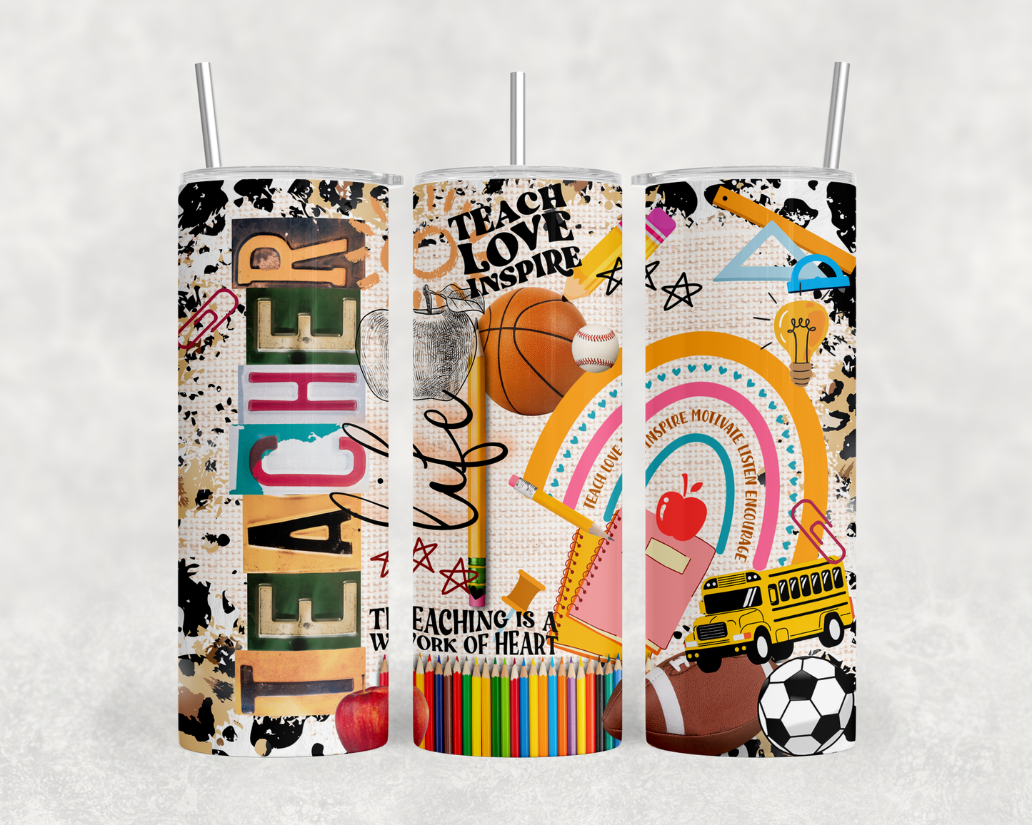 A set of three colorful tumblers with various school-related and sports-themed designs printed on them.