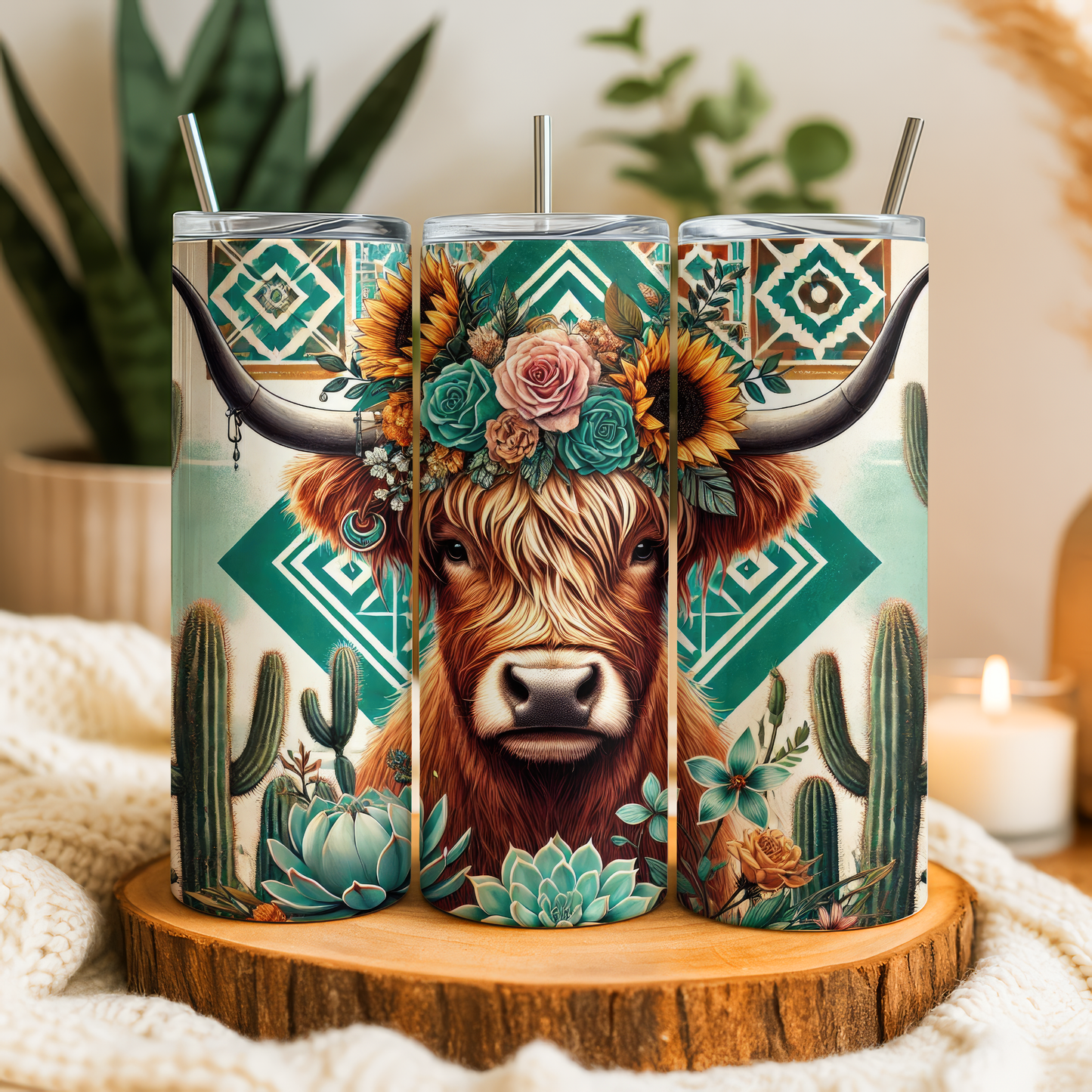 A triptych of decorative tumblers featuring a cow's head with floral and geometric designs, surrounded by cacti and other desert-themed elements.