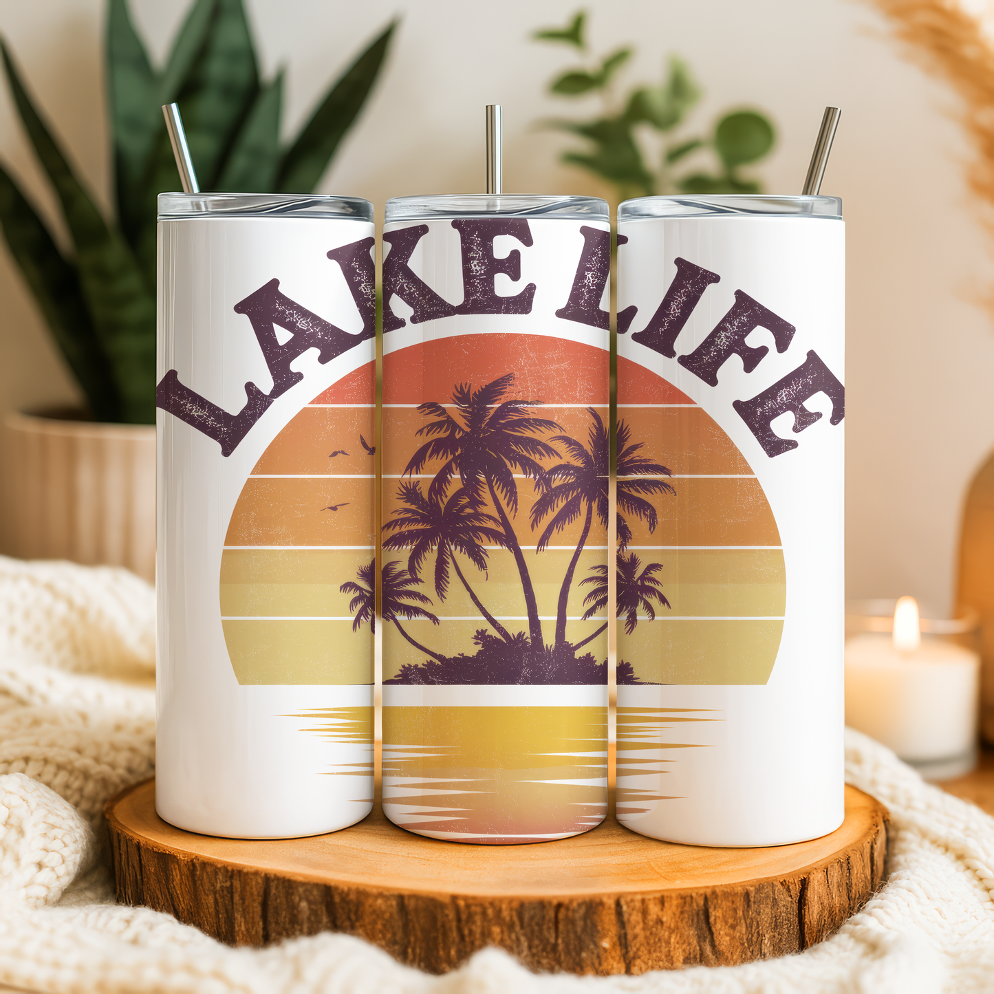 Retro Lake Life Tumbler Saskatoon SK | Palm Tree Sunset Cup