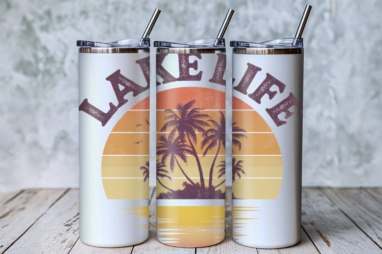 Retro Lake Life Tumbler Saskatoon SK | Palm Tree Sunset Cup