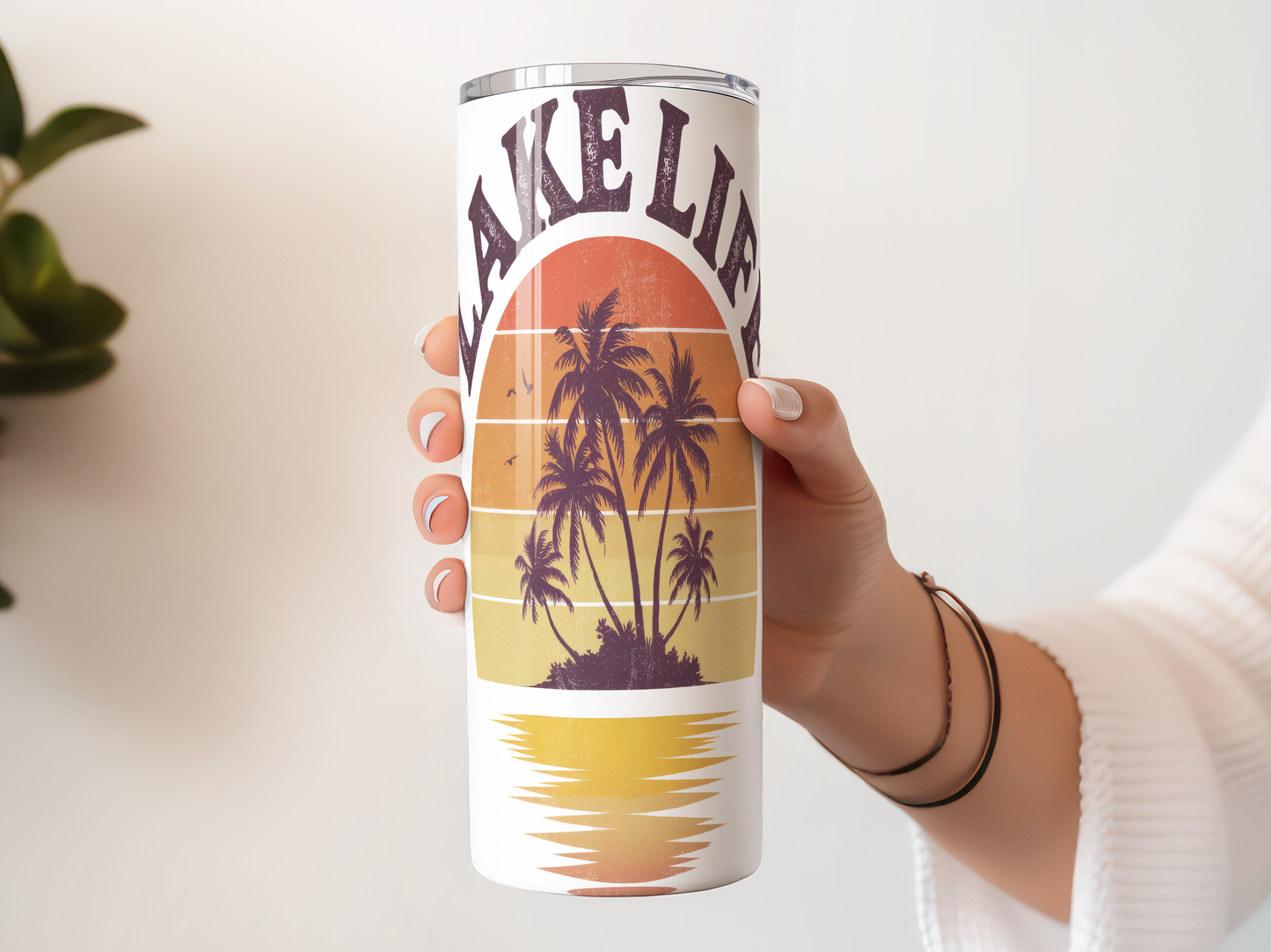 Retro Lake Life Tumbler Saskatoon SK | Palm Tree Sunset Cup