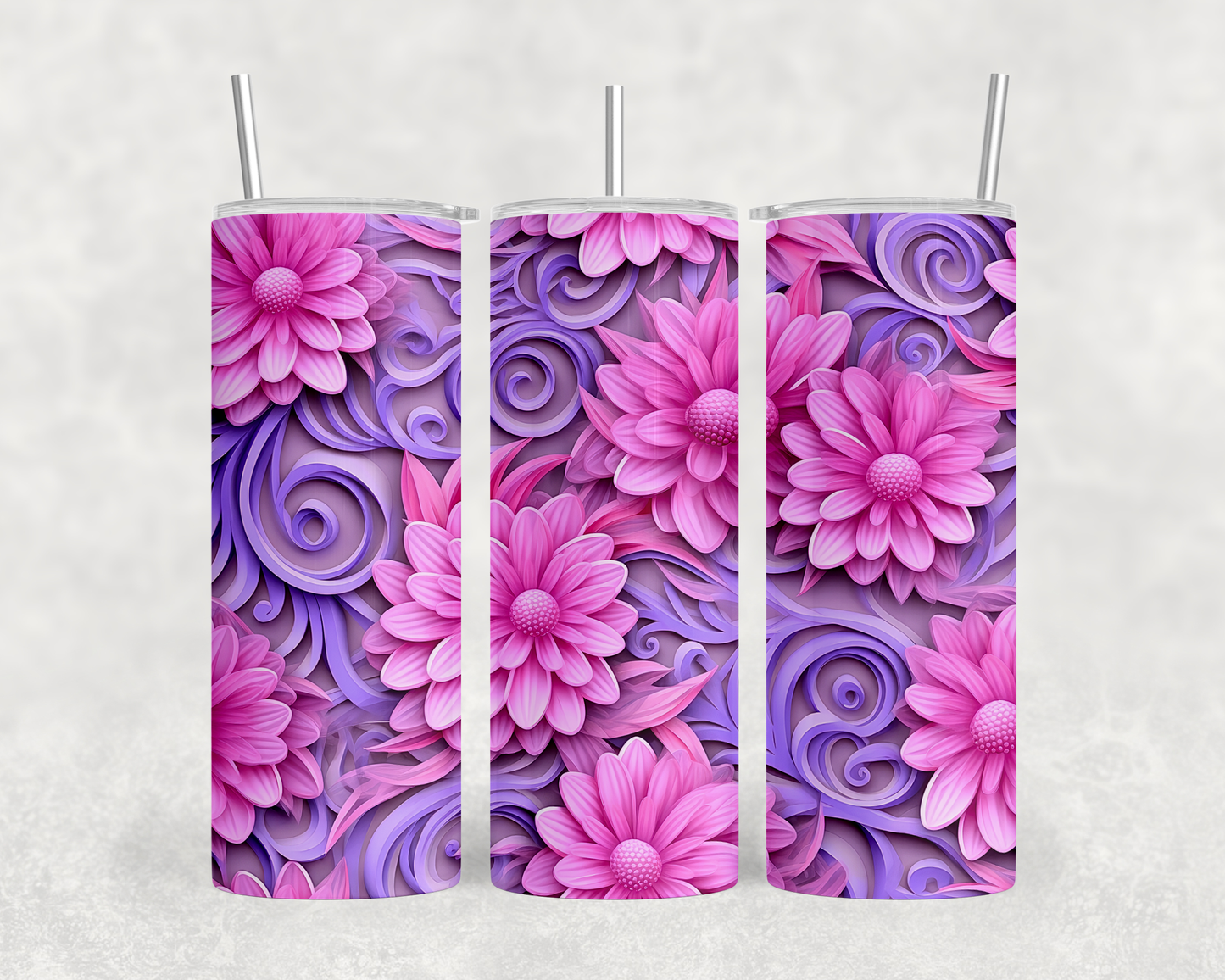 A triptych of three cylindrical objects with a vibrant floral pattern in shades of pink and purple.