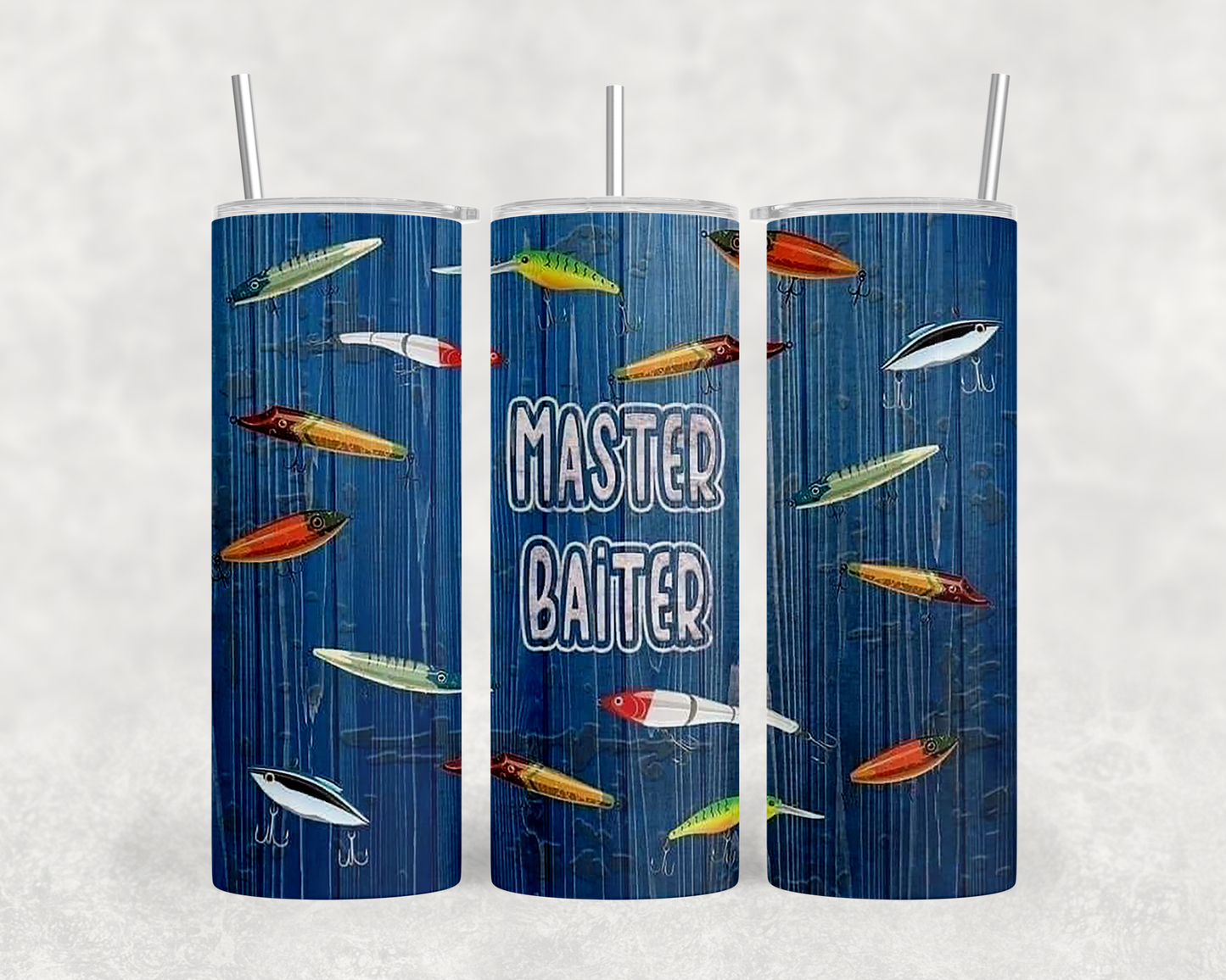 A set of three blue tumblers with a fishing-themed design. The tumblers feature various types of fish and lures, along with the text "MASTER BAITER" prominently displayed.