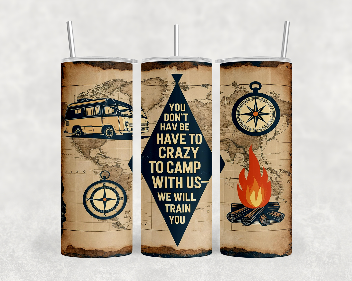 A triptych of cylindrical tumblers with various travel-themed illustrations and text on them.