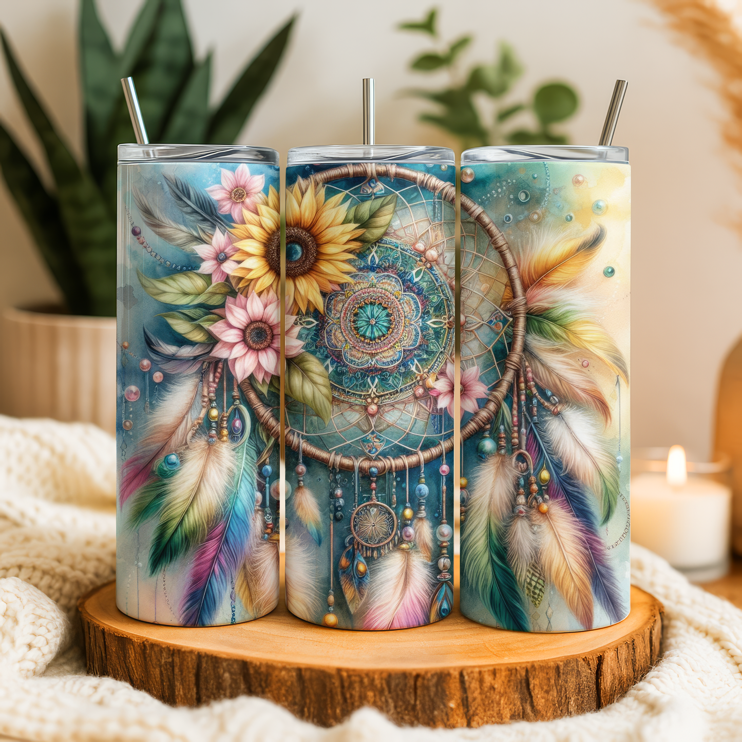 A triptych of colorful dreamcatchers with intricate designs and feathers, displayed on a wooden surface.
