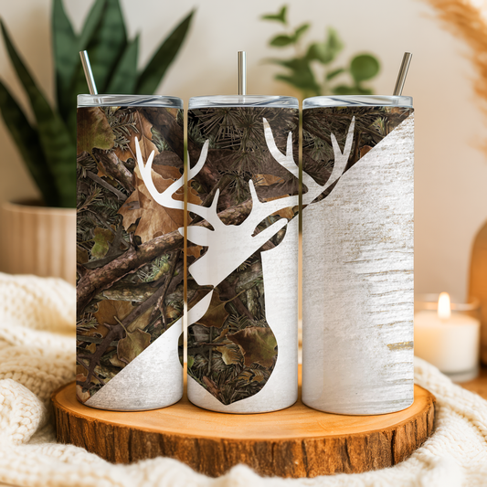 A triptych of tumblers with a deer head design on the front, featuring a camouflage pattern.