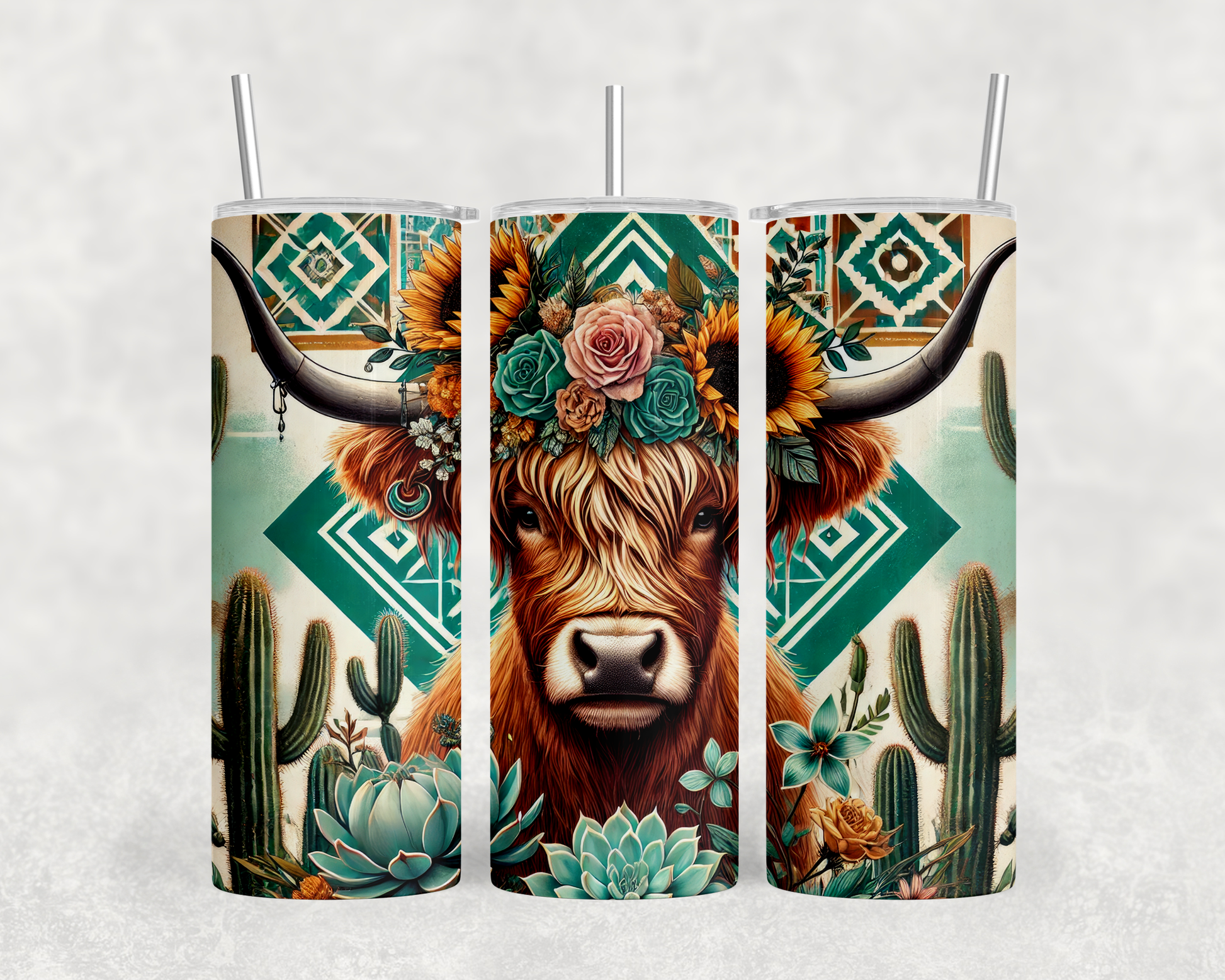 A 3D rendering of a tumbler with a cow's head design on it, featuring a floral crown and cacti.