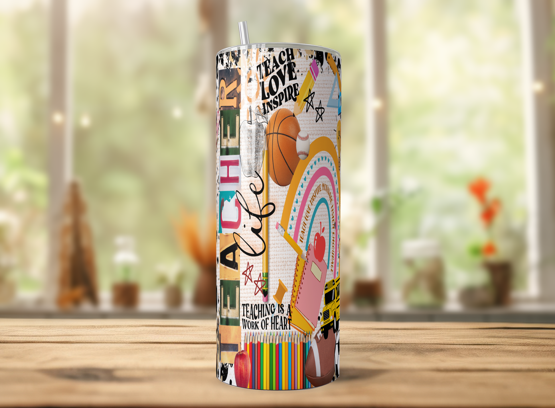 A colorful and vibrant tumbler with various school-related designs and text printed on it, placed on a wooden surface.