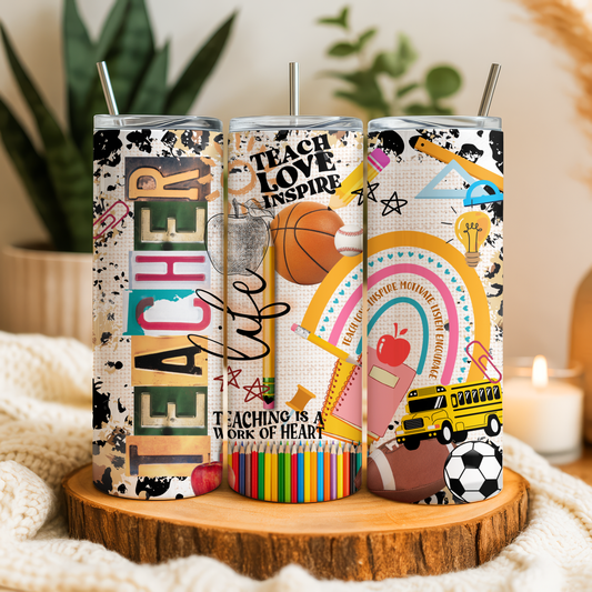 Three colorful tumblers with various designs and text, including the word "TEACHER" and inspirational phrases such as "TEACH LOVE INSPIRE".