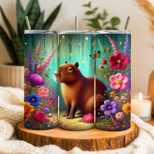 A triptych of colorful tumblers featuring a capybara surrounded by vibrant flowers and plants.