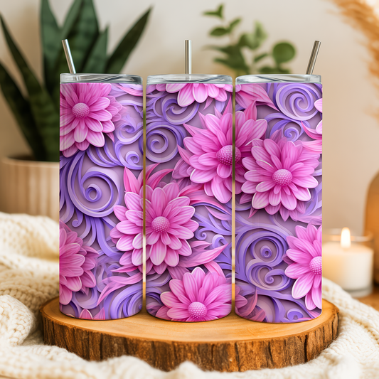 A triptych of decorative stainless steel tumblers with a floral pattern in shades of purple and pink.