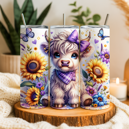 A trio of colorful tumblers with illustrations of a cow, sunflowers, and butterflies on them, placed on a wooden surface.