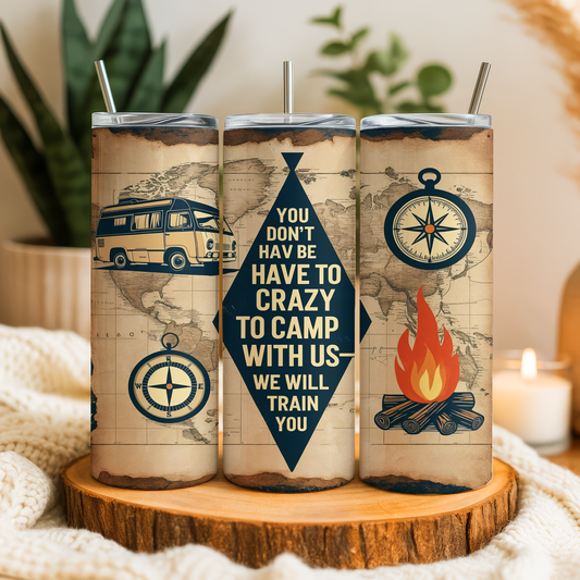 A set of three travel-themed tumblers with illustrations of a camper van, compass, and campfire, along with a motivational message about camping and adventure.