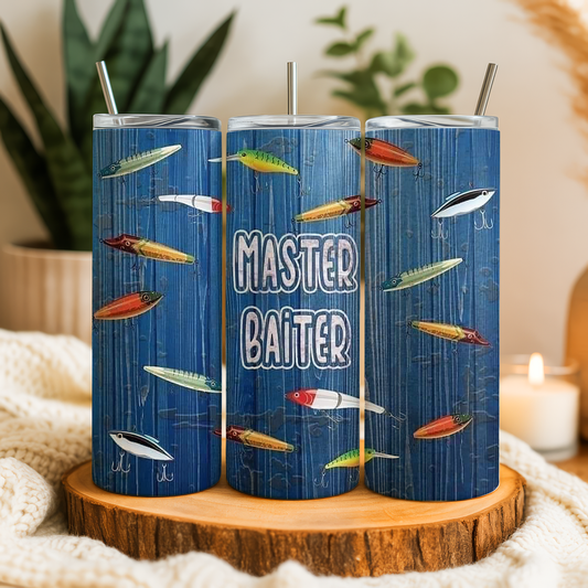 Three blue tumblers with fish illustrations and the text "MASTER BAITER" printed on them.