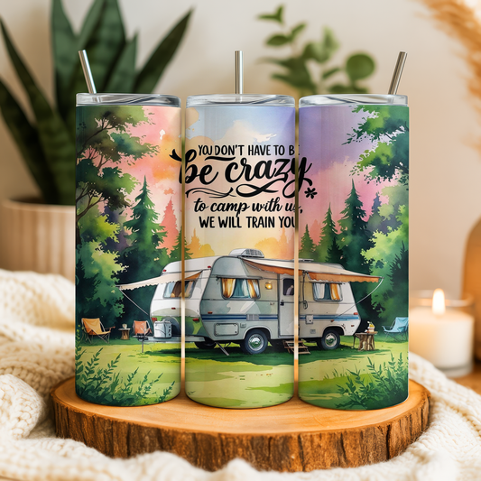 A triptych of colorful tumblers with illustrations of a camper van and camping scenes, accompanied by a motivational quote about camping and adventure.